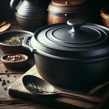 A cast-iron pot on a kitchen table, made by DALL·E 3