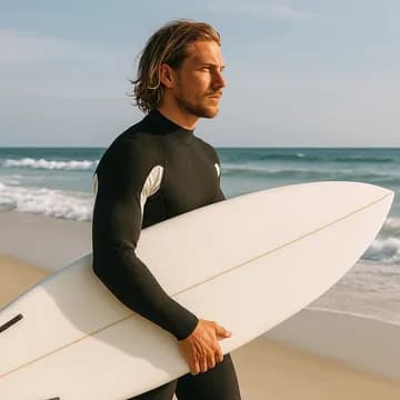 A surfer holding a board on a beach, made by GPT-4o