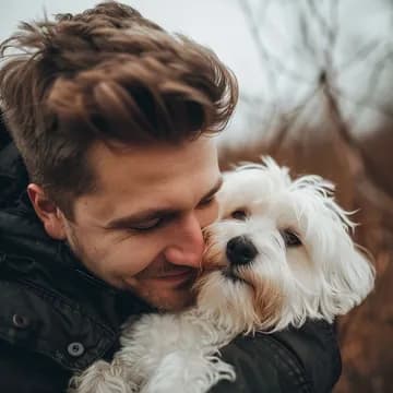 A man hugging a white dog, made by Midjourney 6