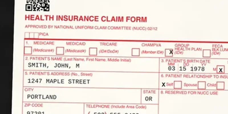 A health insurance claim form showing the patient's name, birth date and address