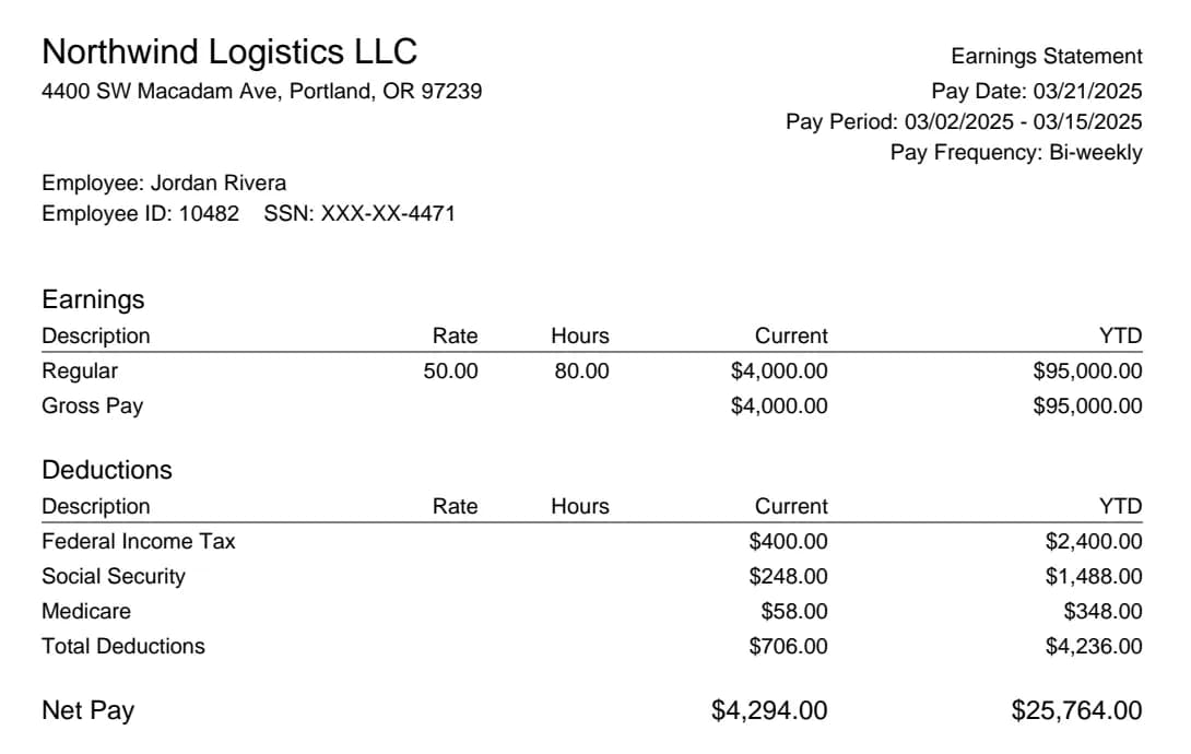A pay stub from Northwind Logistics showing gross pay $4,000.00, deductions $706.00 and net pay $4,294.00