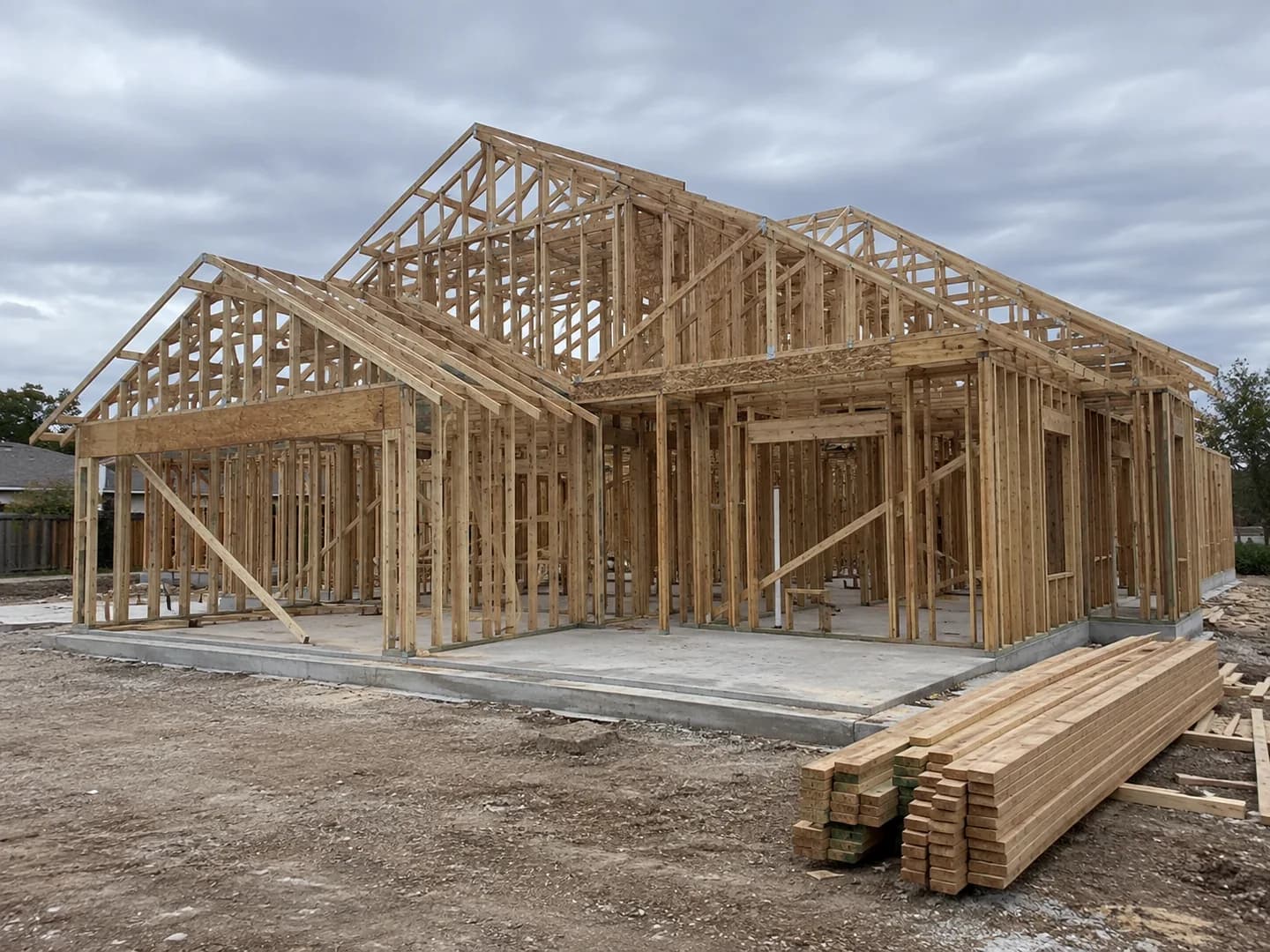AI-generated sample: Timber framing and a concrete slab at a home construction site