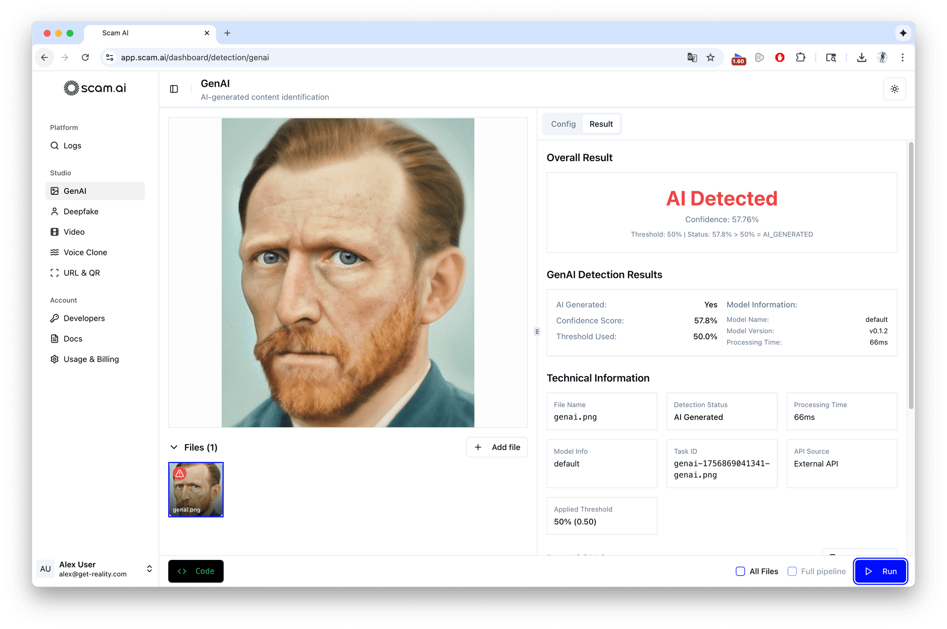 AI detection interface showing AI-generated content identification results