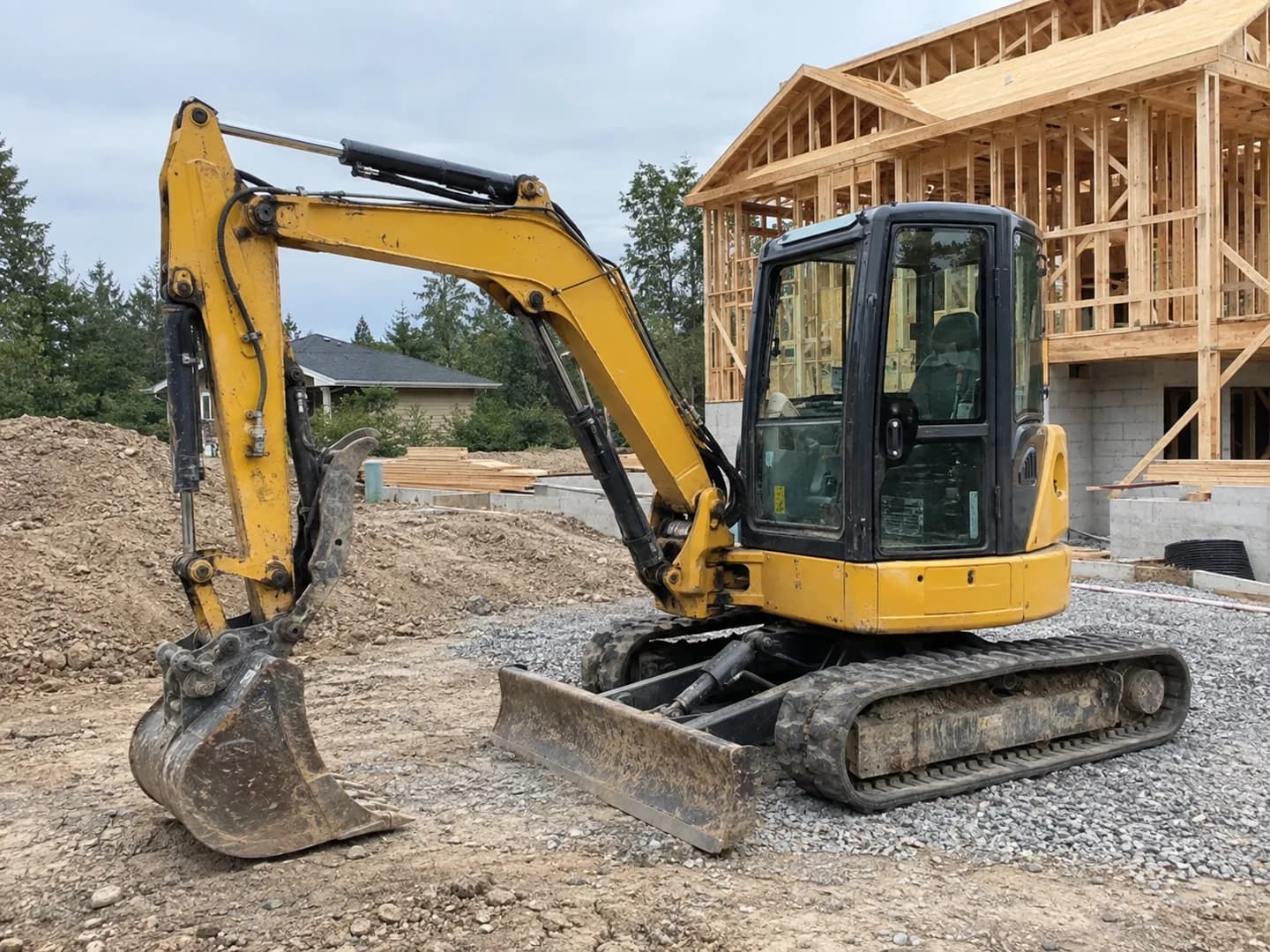 AI-generated sample: An excavator at a residential construction site